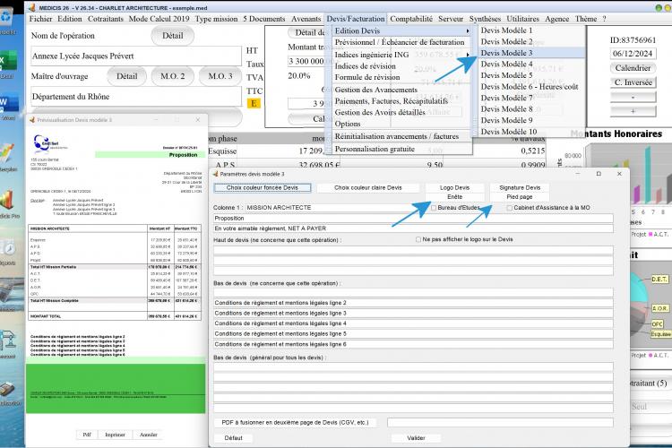 nouvelle gestion entête pied de page modèle 3 de proposition logiciel proposition d honoraires Architecte Médicis Mac et PC v26.34