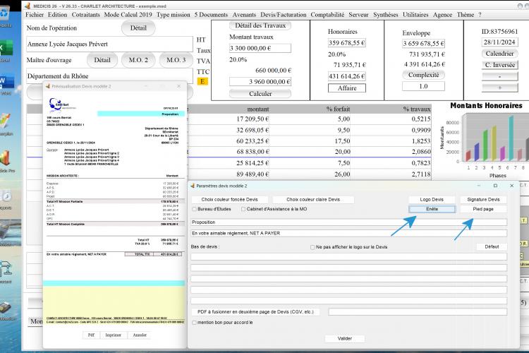 nouvelle gestion entête pied page modèle 2 devis du logiciel proposition d honoraires maitrise d oeuvre Médicis Mac et PC v26.33