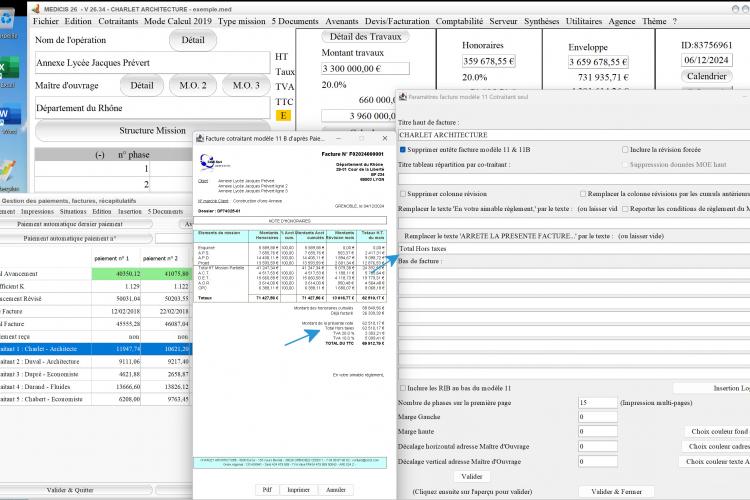 plusieurs amélioration du modèle 11B de facture par cotraitant du logiciel de facturation d'honoraires Architectes Médicis Mac et PC v26.34