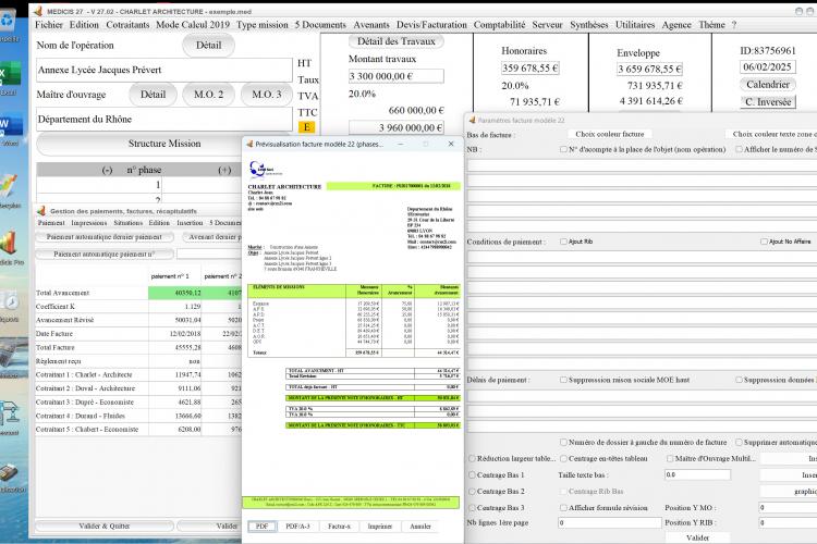 gestion Siret client facturation sur le modèle 22 de facture d'honoraires Architecte Médicis Mac et PC v27.02