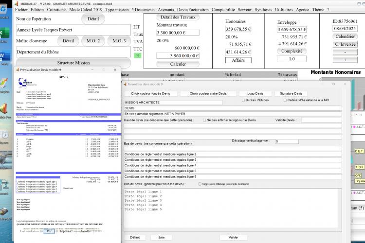 Capture du logiciel Médicis Mac et PC version 27.09 illustrant l’amélioration de la partie basse dans le modèle 9 des devis pour la maîtrise d’œuvre