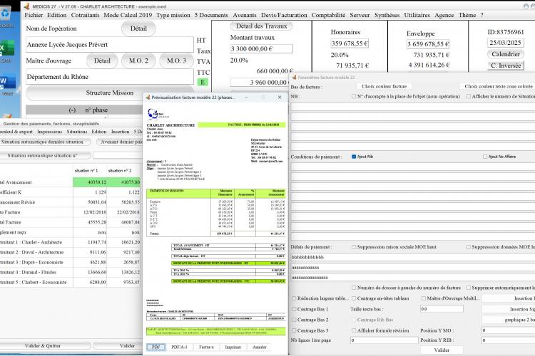 Capture du logiciel Médicis Mac et PC version 27.08 illustrant l’amélioration de la gestion du bandeau supérieur dans le modèle 22 des factures pour les Archiectes