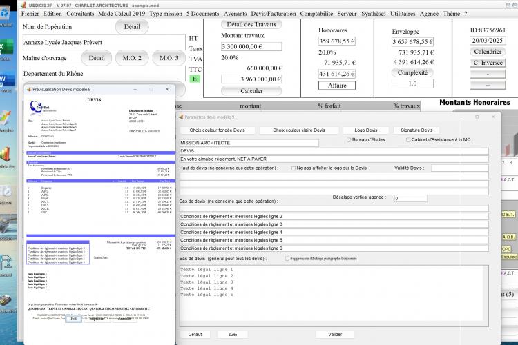Capture du logiciel Médicis Mac et PC version 27.07 illustrant l’amélioration de la gestion des couleurs dans le modèle 9 des devis pour la maîtrise d’œuvre