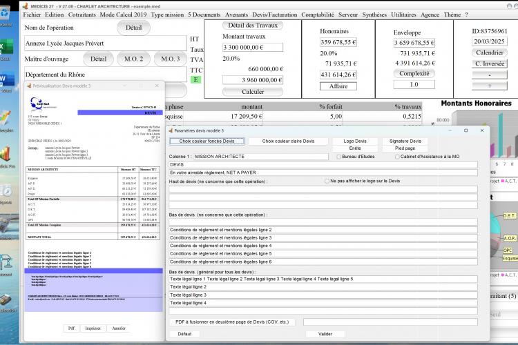 Capture du logiciel Médicis Mac et PC version 27.08 illustrant l’amélioration de l’insertion de la signature, de l’en-tête et du pied de page dans les propositions d’honoraires pour Architectes