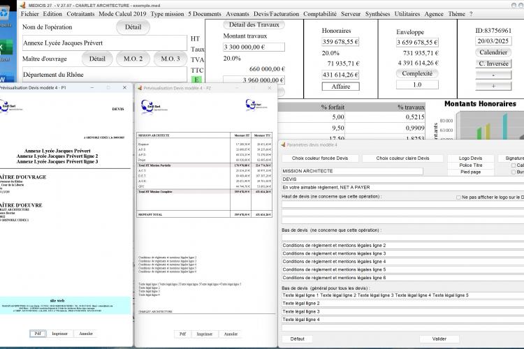 Capture du logiciel Médicis Mac et PC version 27.07 montrant l’amélioration de l’insertion de la signature et du pied de page dans le modèle 4 des devis pour la maîtrise d’œuvre