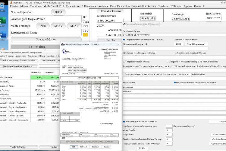 Capture du logiciel Médicis Mac et PC version 27.08 montrant l’amélioration de la présentation du RIB dans le modèle 11B des factures pour Architectes