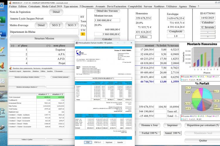 Capture du logiciel Médicis Mac et PC version 27.10 présentant le modèle 11B de facture pour la facturation d’honoraires Architectes