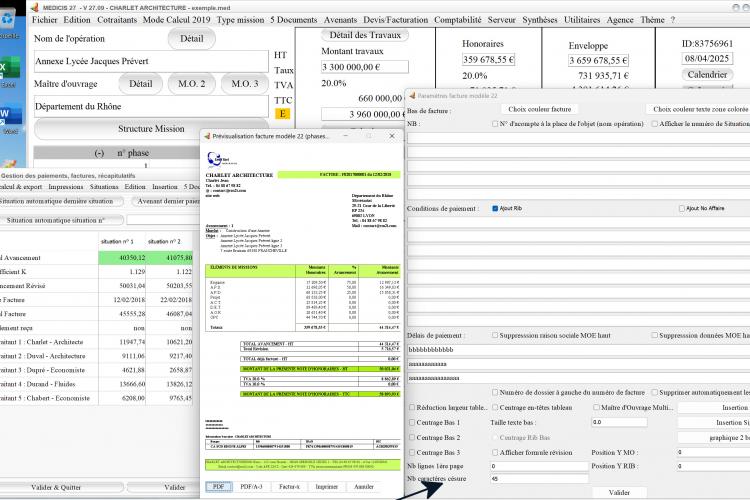 Capture du logiciel Médicis Mac et PC version 27.09 illustrant la nouvelle gestion du nombre de caractères avant césure dans le modèle 22 des factures pour la maîtrise d’œuvre