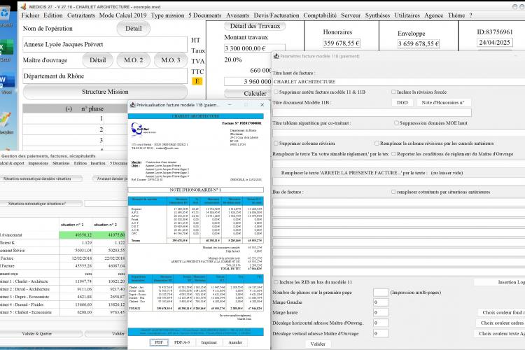 Capture du logiciel Médicis Mac et PC version 27.10 illustrant la nouvelle gestion de la couleur du bandeau haut dans le modèle 11B des factures pour les Archietctes