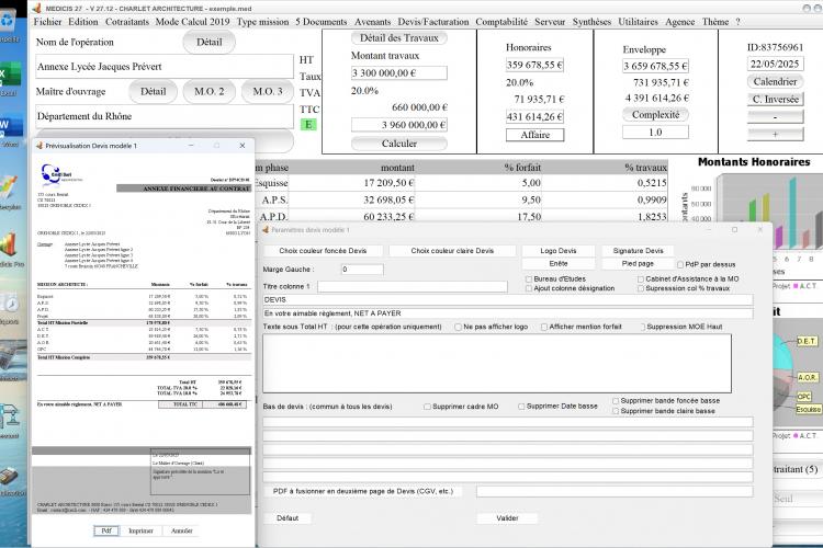Capture du logiciel Médicis Mac et PC version 27.12 illustrant l’amélioration de la gestion des paramètres dans le modèle 1 des devis pour la maîtrise d’œuvre