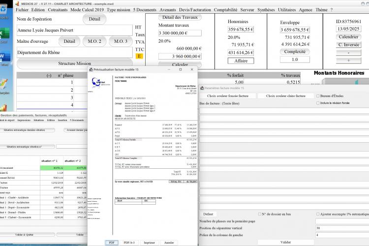 Capture du logiciel Médicis Mac et PC version 27.11 illustrant l’amélioration de l’affichage du numéro de facture dans le modèle 15 de facture cumulée pour la maîtrise d’œuvre