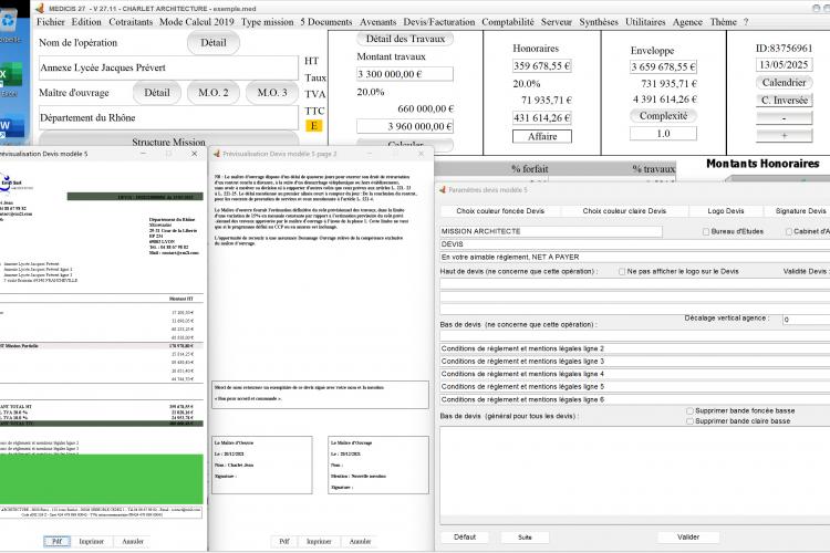 Capture du logiciel Médicis Mac et PC version 27.11 illustrant l’amélioration des paramètres des textes par défaut dans le modèle 5 des devis pour la maîtrise d’œuvre