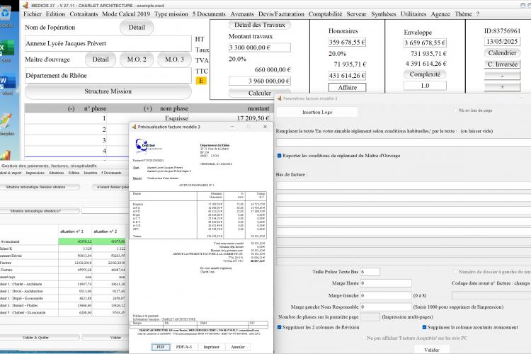 Capture du logiciel Médicis Mac et PC version 27.11 montrant l’amélioration de la présentation du modèle 3 de facture cumulée pour la maîtrise d’œuvre