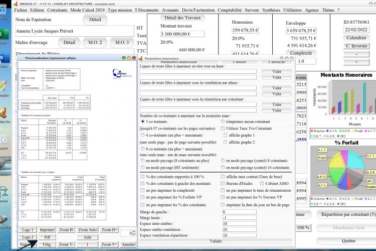 Capture du logiciel Médicis Mac et PC version 27.13 montrant le nouveau bouton PDF pour les propositions d’honoraires en maîtrise d’œuvre