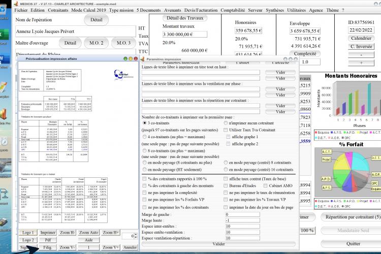 Capture du logiciel Médicis Mac et PC version 27.13 illustrant le nouveau bouton Filigrane pour les propositions d’honoraires en maîtrise d’œuvre