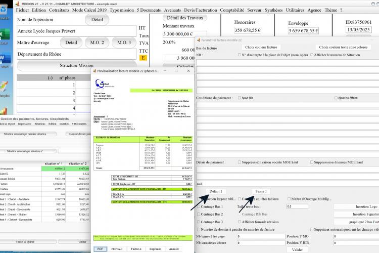 Capture du logiciel Médicis Mac et PC version 27.11 montrant le nouveau texte par défaut dans le modèle 22 de facture cumulée pour la maîtrise d’œuvre