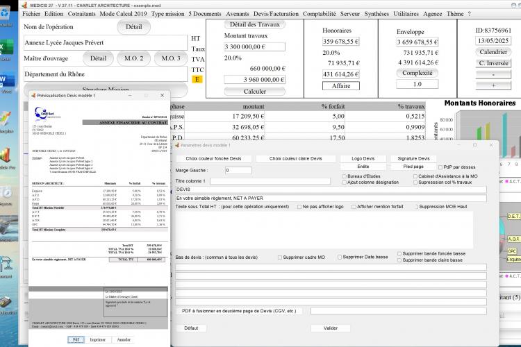 Capture du logiciel Médicis Mac et PC version 27.11 montrant la nouvelle gestion de la multi-TVA dans le modèle 1 des devis pour la maîtrise d’œuvre
