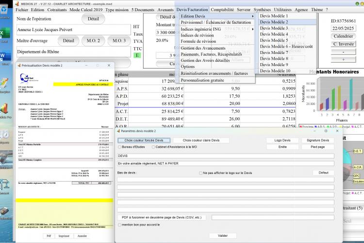 Capture du logiciel Médicis Mac et PC version 27.12 montrant la nouvelle gestion de la multi-TVA dans le modèle 2 des devis pour la maîtrise d’œuvre