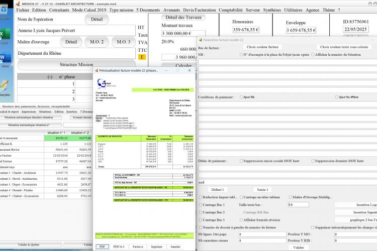 Capture du logiciel Médicis Mac et PC version 27.12 illustrant la nouvelle numérotation automatique des PDF dans le modèle 22 des factures pour la maîtrise d’œuvre