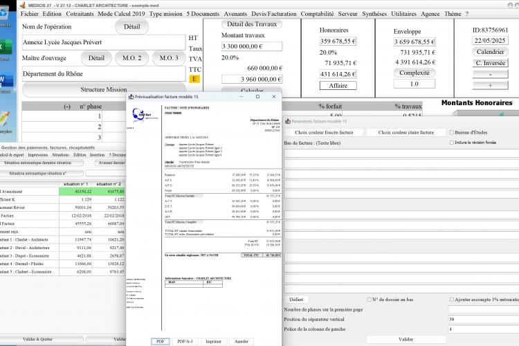 Capture du logiciel Médicis Mac et PC version 27.12 montrant la nouvelle numérotation des PDF dans le modèle 15 des factures pour la maîtrise d’œuvre