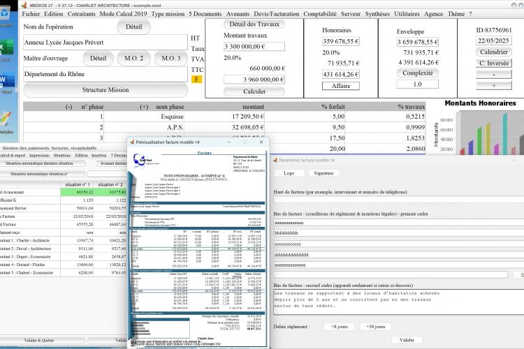 Capture du logiciel Médicis Mac et PC version 27.12 illustrant la nouvelle possibilité d’ajouter un cadre en bas dans le modèle 14 des factures pour la maîtrise d’œuvre