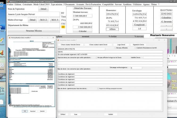 Capture du logiciel Médicis Mac et PC version 27.14 montrant deux améliorations du modèle 7 des devis pour la maîtrise d’œuvre