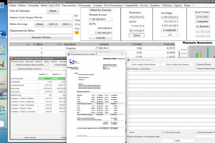 Capture du logiciel Médicis Mac et PC version 27.14 montrant les améliorations du modèle 16 des factures pour la maîtrise d’œuvre