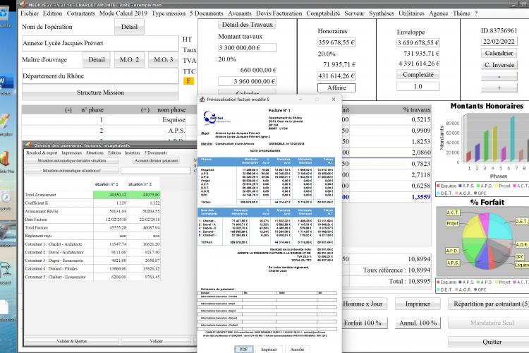 Capture du logiciel Médicis Mac et PC version 27.14 illustrant les améliorations du modèle 5 des factures pour la maîtrise d’œuvre