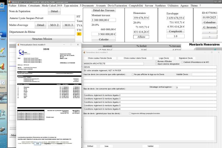 Capture du logiciel Médicis Mac et PC version 27.15 montrant les améliorations de la gestion des colonnes dans le modèle 9 des devis pour la maîtrise d’œuvre