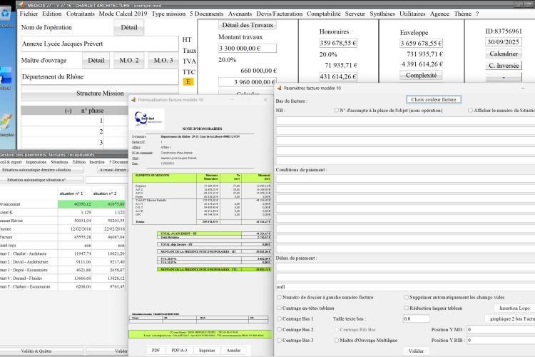 Capture du logiciel Médicis Mac et PC version 27.16 montrant l’amélioration de la partie basse de la facture dans le modèle 10 pour la maîtrise d’œuvre