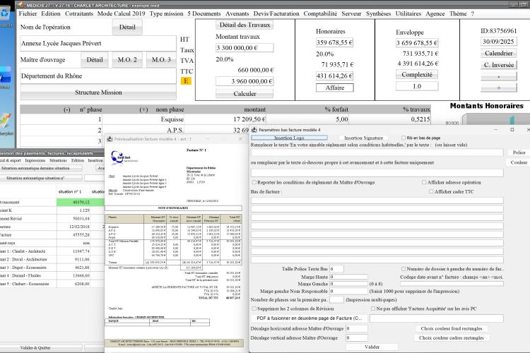 Capture du logiciel Médicis Mac et PC version 27.16 montrant l’amélioration de la partie basse de la facture dans le modèle 4 pour la maîtrise d’œuvre