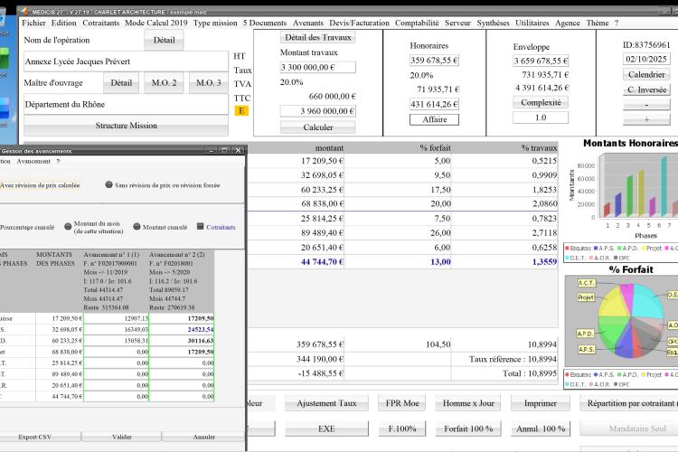 Capture du logiciel Médicis Mac et PC version 27.19 illustrant l’amélioration de la gestion des avancements sur les travaux et les situations dans le cadre de la facturation électronique des honoraires d’architectes