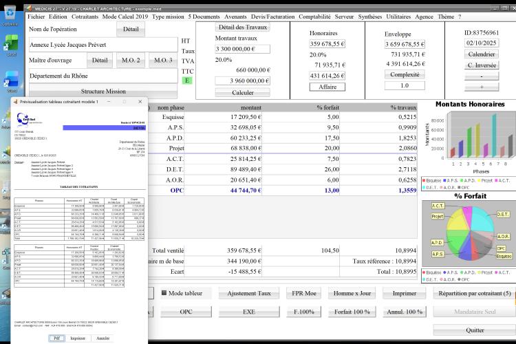 Capture du logiciel Médicis Mac et PC version 27.19 illustrant l’amélioration du modèle 1 du tableau des cotraitants dans les propositions d’honoraires d’architecte
