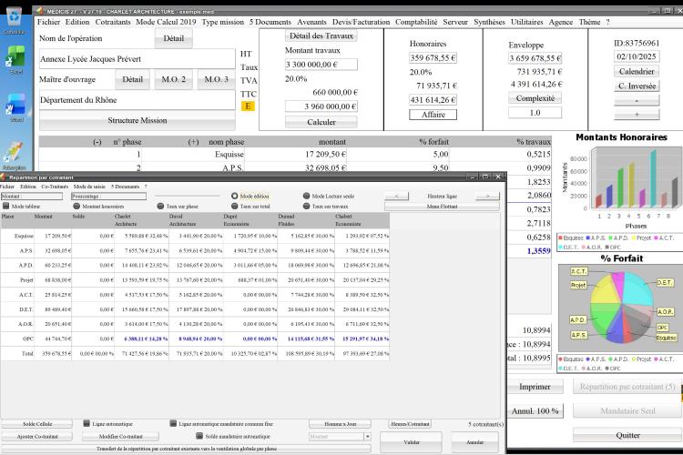 Capture du logiciel Médicis Mac et PC version 27.19 illustrant l’amélioration de la répartition entre mandataire, cotraitants et sous-traitants dans les propositions d’honoraires d’architectes