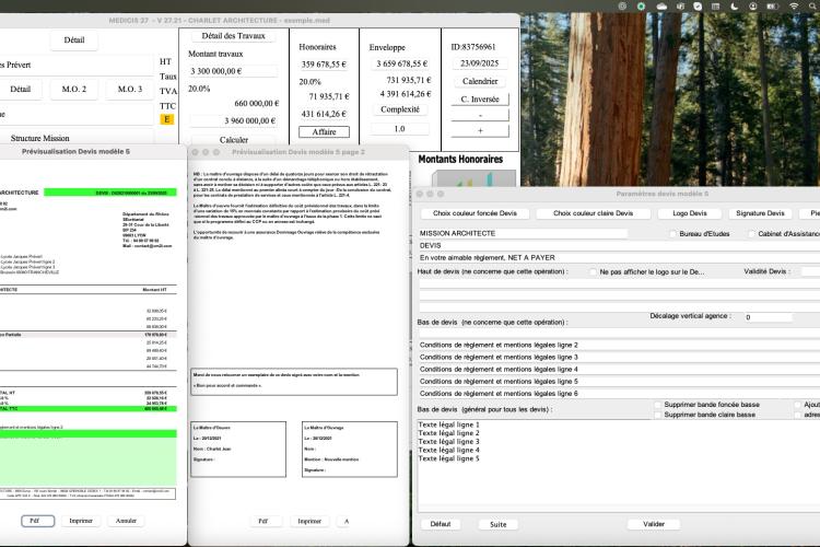Nouveau modèle multi-page de devis 5 et proposition d’honoraires pour architecte dans le logiciel Médicis sur Mac et PC