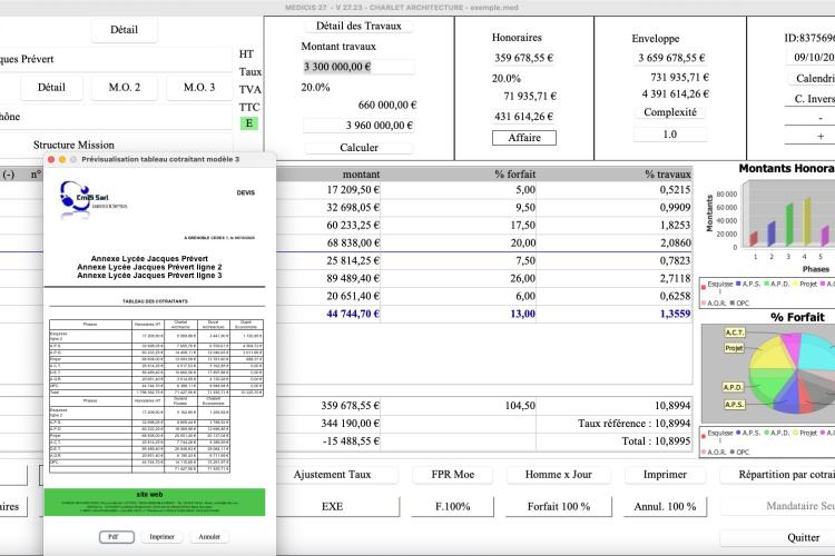 Amélioration du modèle 4 avec tableau des cotraitants dans le logiciel de proposition de maîtrise d’œuvre Médicis sur Mac et PC