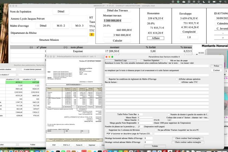 Amélioration de la gestion multi-page et multi-ligne du modèle 4 de facture dans le logiciel de facturation des honoraires de maîtrise d’œuvre Médicis sur Mac et PC