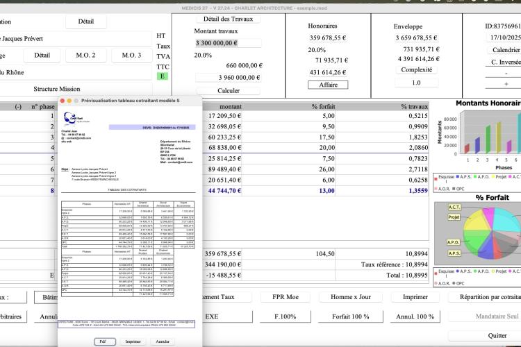 Capture d'écran du nouveau modèle 5 avec tableau cotraitant dans le logiciel de proposition d'honoraires de maîtrise d'œuvre Médicis, version 2724, destiné aux architectes, bureaux d'études et professionnels de la maîtrise d'œuvre