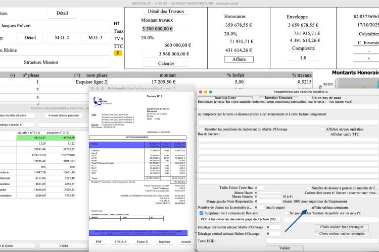 Capture d'écran du nouveau tableau cotraitant sur le modèle 4 de facture dans le logiciel de facturation d'honoraires de maîtrise d'œuvre Médicis pour Mac et PC, version 2724, destiné aux architectes, bureaux d'études et professionnels de la maîtrise d'œuvre