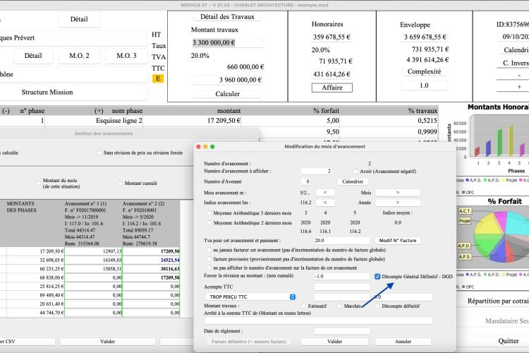 Nouvelle gestion du décompte général définitif DGD avec les avancements sur travaux dans le logiciel de facturation des honoraires de maîtrise d’œuvre Médicis sur Mac et PC