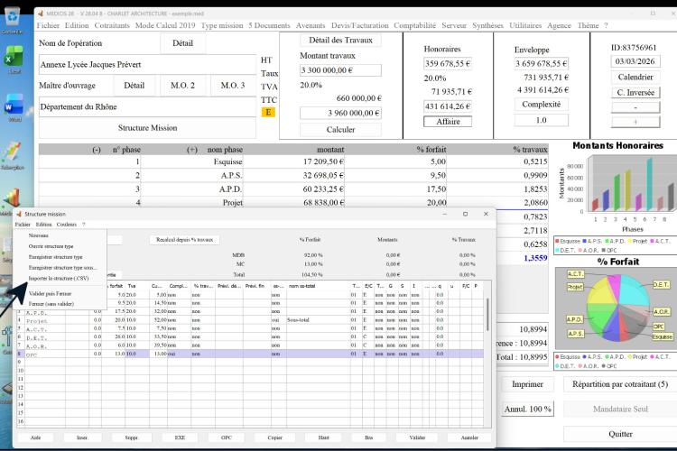 Capture d'écran de la nouvelle possibilité d'insertion CSV de structure de mission dans le logiciel de proposition d'honoraires de maîtrise d'œuvre Médicis, version 2804, destiné aux architectes, bureaux d'études et professionnels de la maîtrise d'œuvre