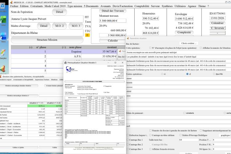 Capture d'écran de la nouvelle gestion des cotraitants et des révisions sur le modèle 5 de situation dans le logiciel de facturation d'honoraires de maîtrise d'œuvre Médicis, version 2802, destiné aux architectes, bureaux d'études et professionnels de la maîtrise d'œuvre