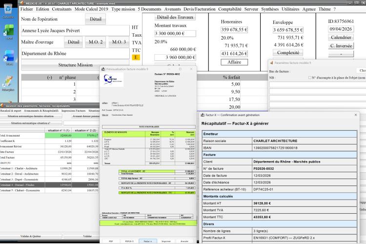 Capture d'écran de la fonctionnalité de facture électronique disponible sur tous les modèles de factures dans le logiciel de facturation d'honoraires de maîtrise d'œuvre Médicis, version 2807, destiné aux architectes, bureaux d'études et professionnels de la maîtrise d'œuvre