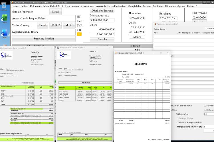 Capture d'écran des nouveaux automatismes du modèle 9 de facture électronique dans le logiciel de facturation d'honoraires de maîtrise d'œuvre Médicis, version 2806, destiné aux architectes, bureaux d'études et professionnels de la maîtrise d'œuvre
